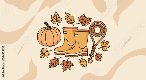 Illustration of a pumpkin, rain boots, a coiled leash, and scattered autumn leaves on a light background