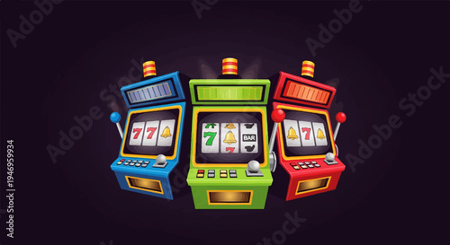 Three colorful pixel-art slot machines, blue, green, and red, with classic gambling symbols on dark background