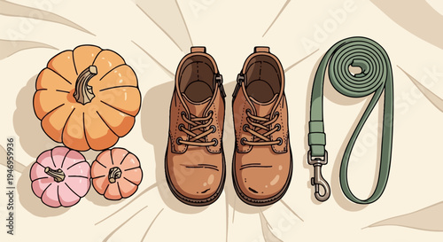 An overhead view of pumpkins, brown shoes, and a green dog leash arranged on a light-colored surface
