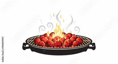 An illustration of a barbecue grill filled with red hot coals, emitting flames and smoke