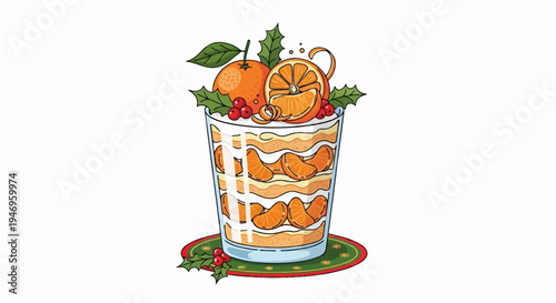 A delightful, layered Christmas-themed dessert in a glass, adorned with oranges, cranberries, and holly