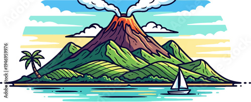 An illustrative island landscape with a smoking volcano, lush green hills, a palm tree, and a sailboat