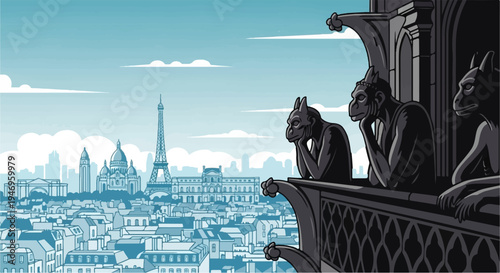 Pixel art city panorama with iconic landmarks, viewed from a balcony adorned with pensive gargoyles