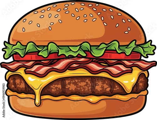 A delicious cartoon burger with a sesame seed bun, lettuce, tomato, crispy bacon, melted cheese, and a juicy patty
