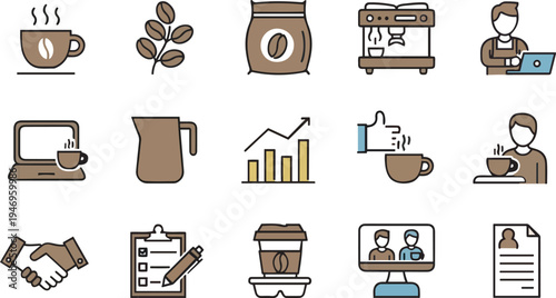 brown coffee business icons on white background