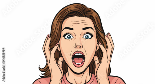 Pop art illustration of a shocked woman with wide eyes, open mouth, and hands near her face