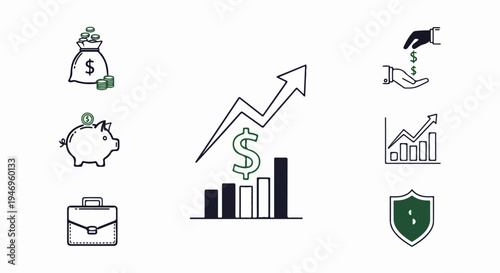 A set of hand-drawn financial and business icons including money bags, growth charts, savings, and security