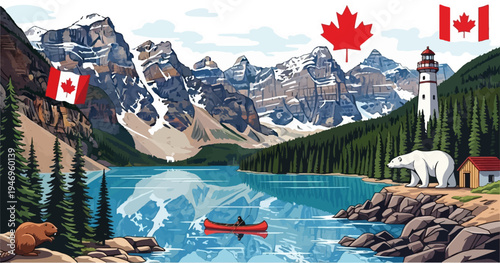 Vibrant pixel art of a scenic mountain lake featuring a canoe, beaver, polar bear, lighthouse, and cabin