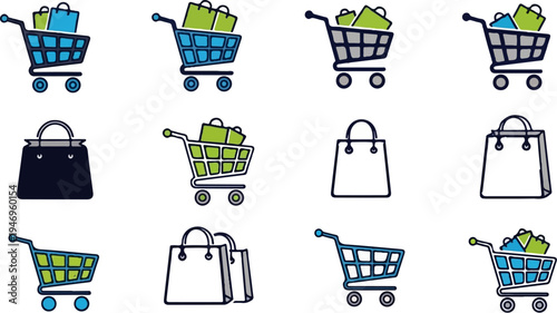 Twelve stylized icons showing shopping carts, some filled with bags, and various shopping bags