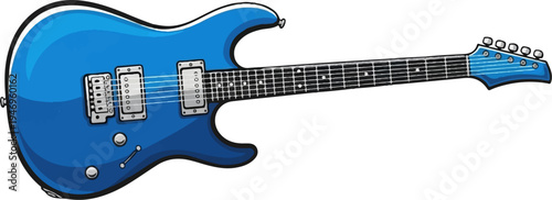 A vibrant blue electric guitar, cartoon-style illustration with black outlines and shiny highlights