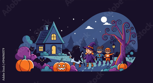 Pixel art scene of kids trick-or-treating at night, featuring pumpkins, bats, witch, ghost, heroes