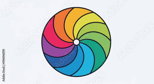Vibrant color wheel illustration with a spiral design, featuring a spectrum of hues radiating from the center