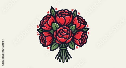 A charming vector illustration of a vibrant red rose bouquet with green leaves and tiny heart accents