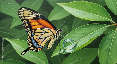 Vibrant butterfly with orange and yellow wings perched delicately on a green leaf, with a glistening water drop