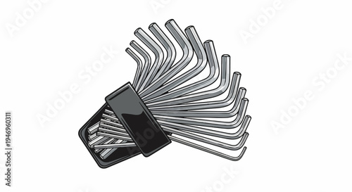 Illustration of a full set of silver L-shaped hex keys in a dark holder against white background
