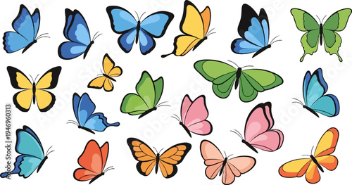 A diverse collection of colorful cartoon butterflies fluttering across a plain white background