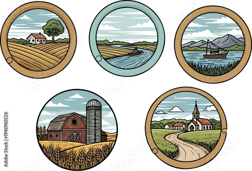 Five circular illustrations depict idyllic rural and natural landscapes farmhouses, barns, rivers, lakes, mountains, and a village church