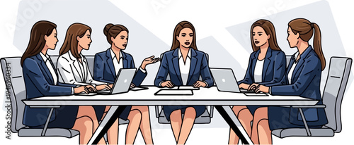 Six businesswomen in suits conducting a meeting around a table with laptops and papers, discussing