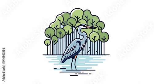 Stylized illustration of a heron standing in calm water with a dense forest of green trees behind it