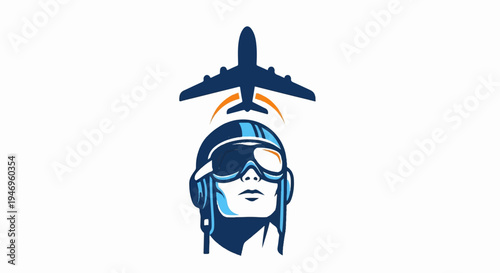 Stylized graphic of a pilot's head in helmet and goggles with an airplane flying overhead