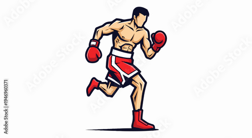 An energetic cartoon boxer in red shorts and gloves runs, depicting dynamic movement and athleticism