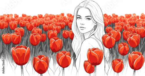 Stylized illustration of a woman with long hair among a vibrant field of red tulips, with gray foliage