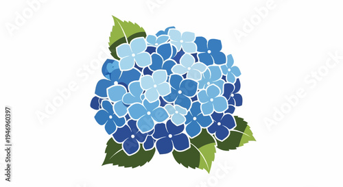A beautiful illustration of a vibrant blue hydrangea flower cluster with green leaves on a white background