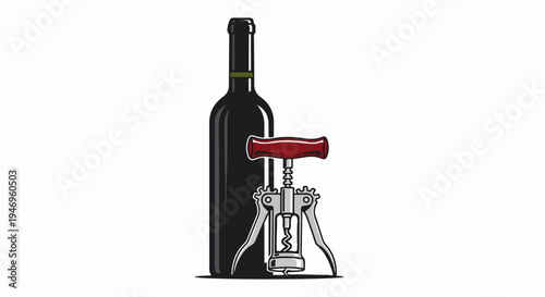 Illustration of a dark wine bottle alongside a winged corkscrew on a plain white background