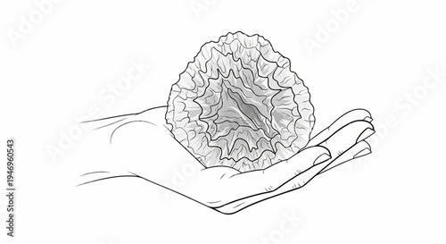 Black and white line art of an open hand holding a detailed, convoluted, brain-like or organic spherical object