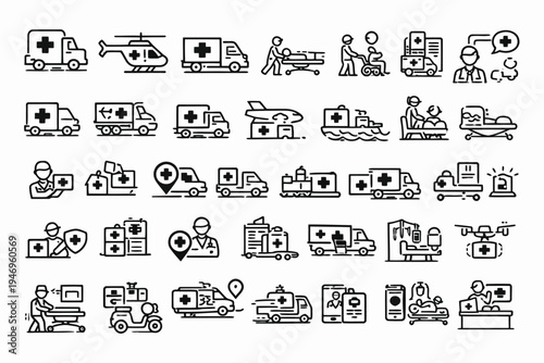 Illustrated icons depicting various emergency and medical services and equipment