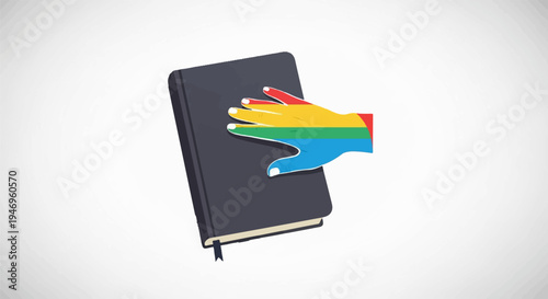 An illustrated hand, patterned with rainbow stripes, resting on a dark, closed book with a bookmark
