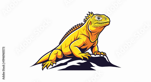 A vibrant yellow iguana illustration with spiky back and keen eyes, resting on a dark rock