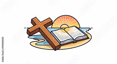 An illustration depicting a wooden cross and an open book with radiating suns, resting on sand near water