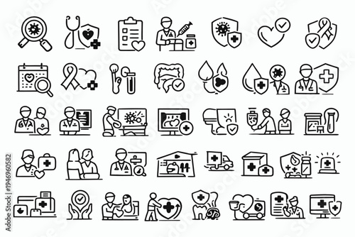 Comprehensive icons representing various aspects of healthcare and medical services