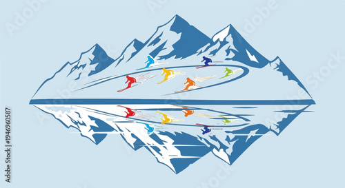 Colorful skiers racing down a snowy mountain slope with a mirrored reflection, vector illustration