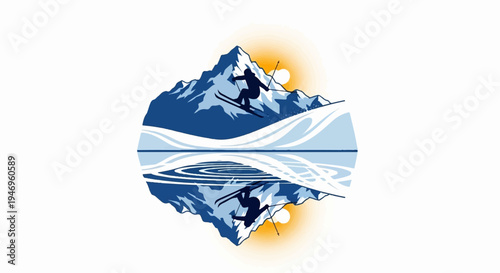 Stylized graphic of a skier jumping over snowy mountains, with a setting sun, reflected in water