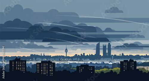Pixel art city skyline at dusk/dawn with illuminated buildings, cloudy sky, and distant skyscrapers