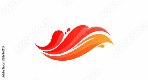 Abstract, flowing, curved shapes in a vibrant red-orange gradient, resembling waves or flames with splashes