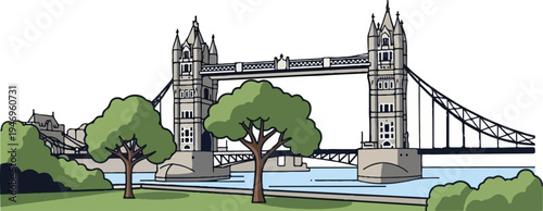 An iconic gothic-style drawbridge spans a river, flanked by vibrant green parkland and leafy trees