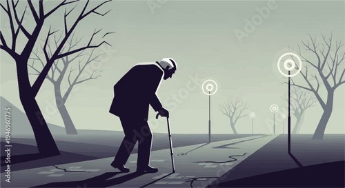 An elderly man walks with a cane on a cracked path amidst barren trees and streetlights in a misty, muted landscape