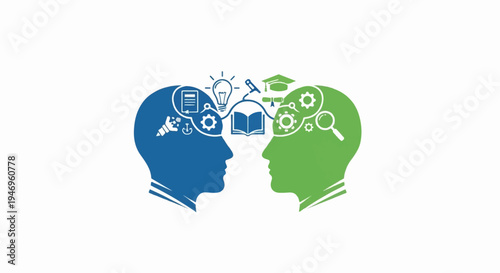 Stylized blue and green head silhouettes share knowledge and ideas, connected by academic and concept icons