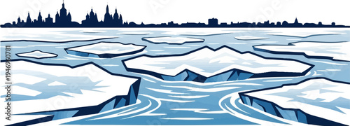 A cartoon illustration of a frozen river or sea with ice floes and a silhouette of a city skyline