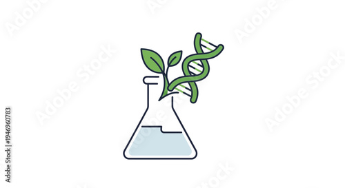 Beaker with green plant growing inside.