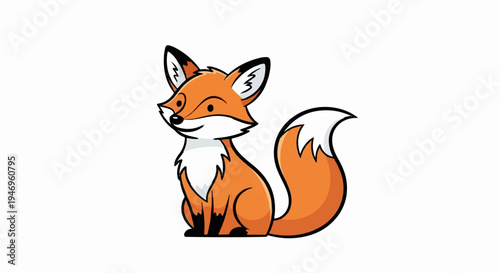 A cute, cartoonish orange fox with a white chest and tail tip, sitting and smiling on a white background