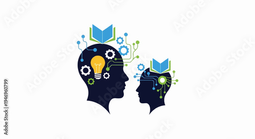 Two human head silhouettes with tech elements, books, lightbulb, and gears representing knowledge and ideas