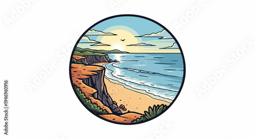 Stylized circular illustration of a sunny beach with waves, sandy shore, and towering cliffs