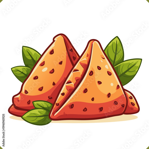 Vector illustration of crispy Indian samosas snacks served with fresh mint leaves for food menu isolated on a white background