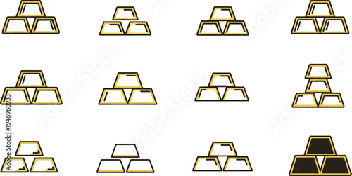 A grid of twelve minimalist outline icons depicting stacks of golden ingots in various configurations