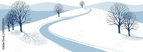 Minimalist illustration of a serene winter landscape with snow-covered hills, bare trees, and a winding path