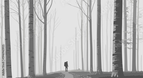 A solitary figure with a backpack walks on a path through a dense, stylized forest in shades of gray